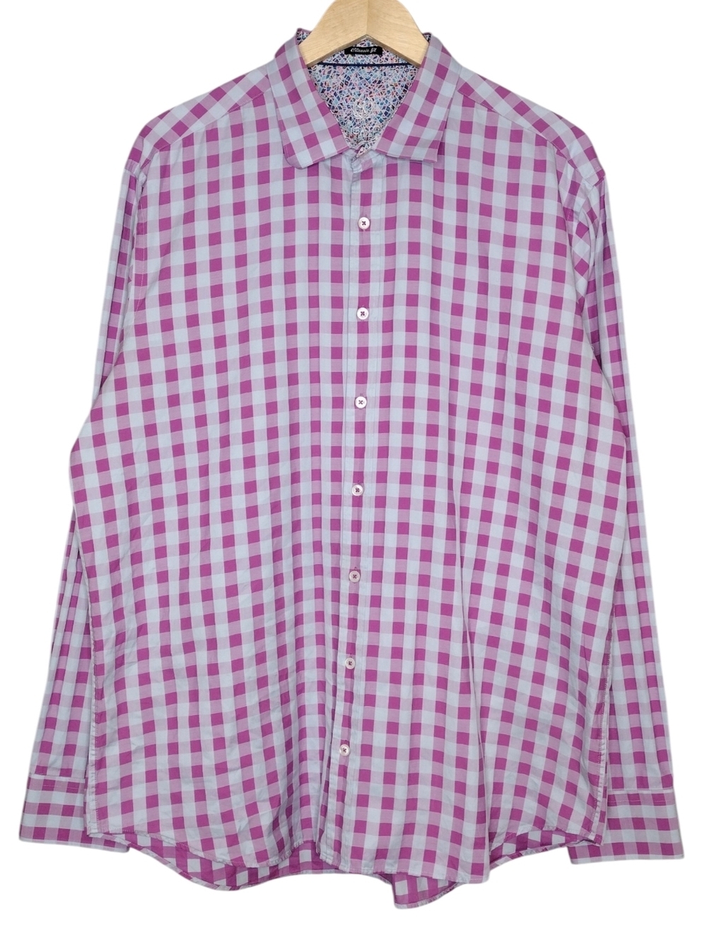 Bugatchi Pink White Gingham Classic Fit Button-Down Dress Shirt Sz XL